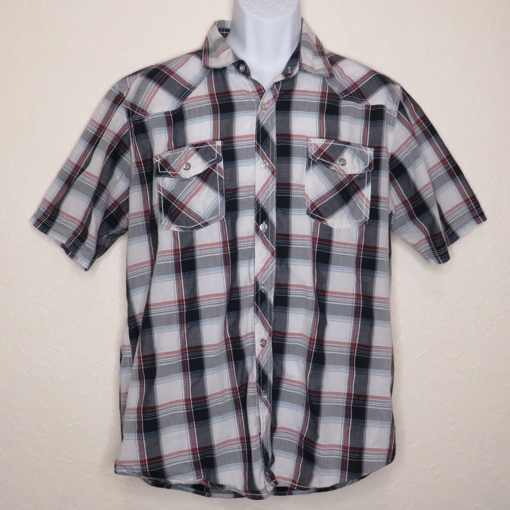 Burnside* Men's Short Sleeve Button Down Curved Hem Pocket‎ Plaid Shirt~ Size XL